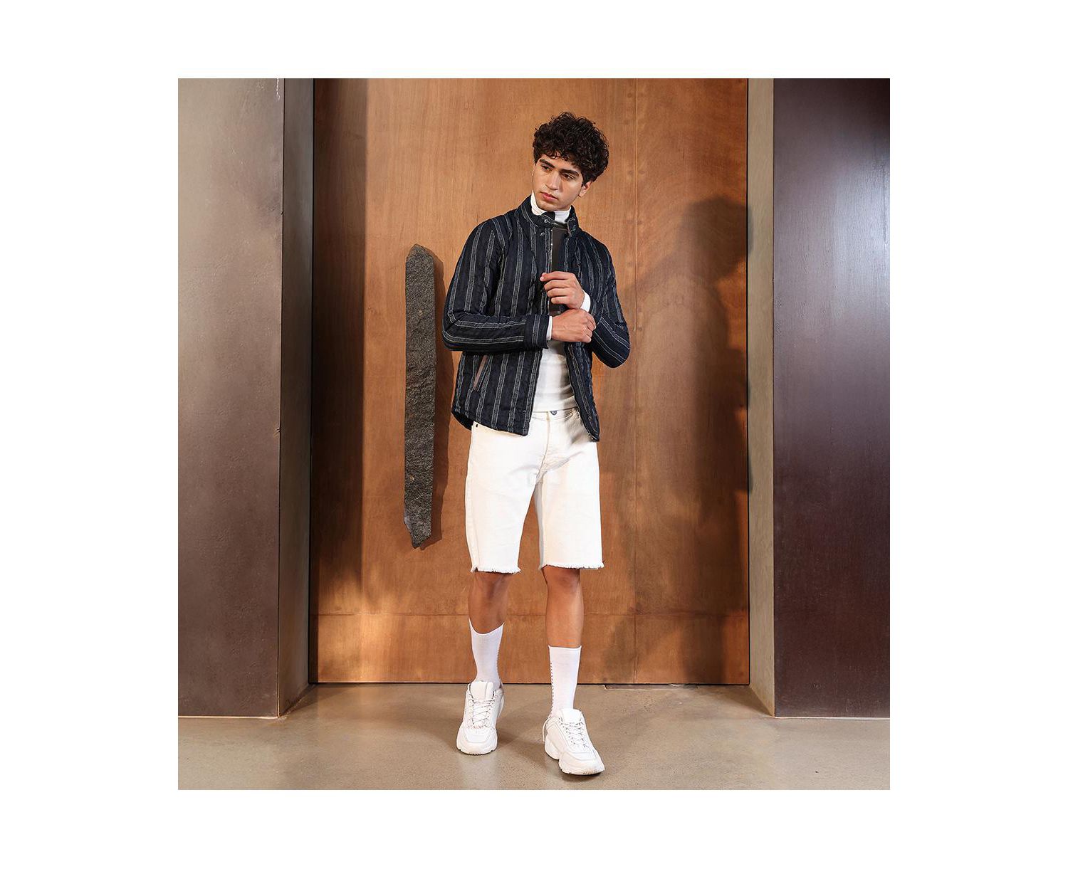 Men's Navy Blue Woven-Striped Quilted Jacket