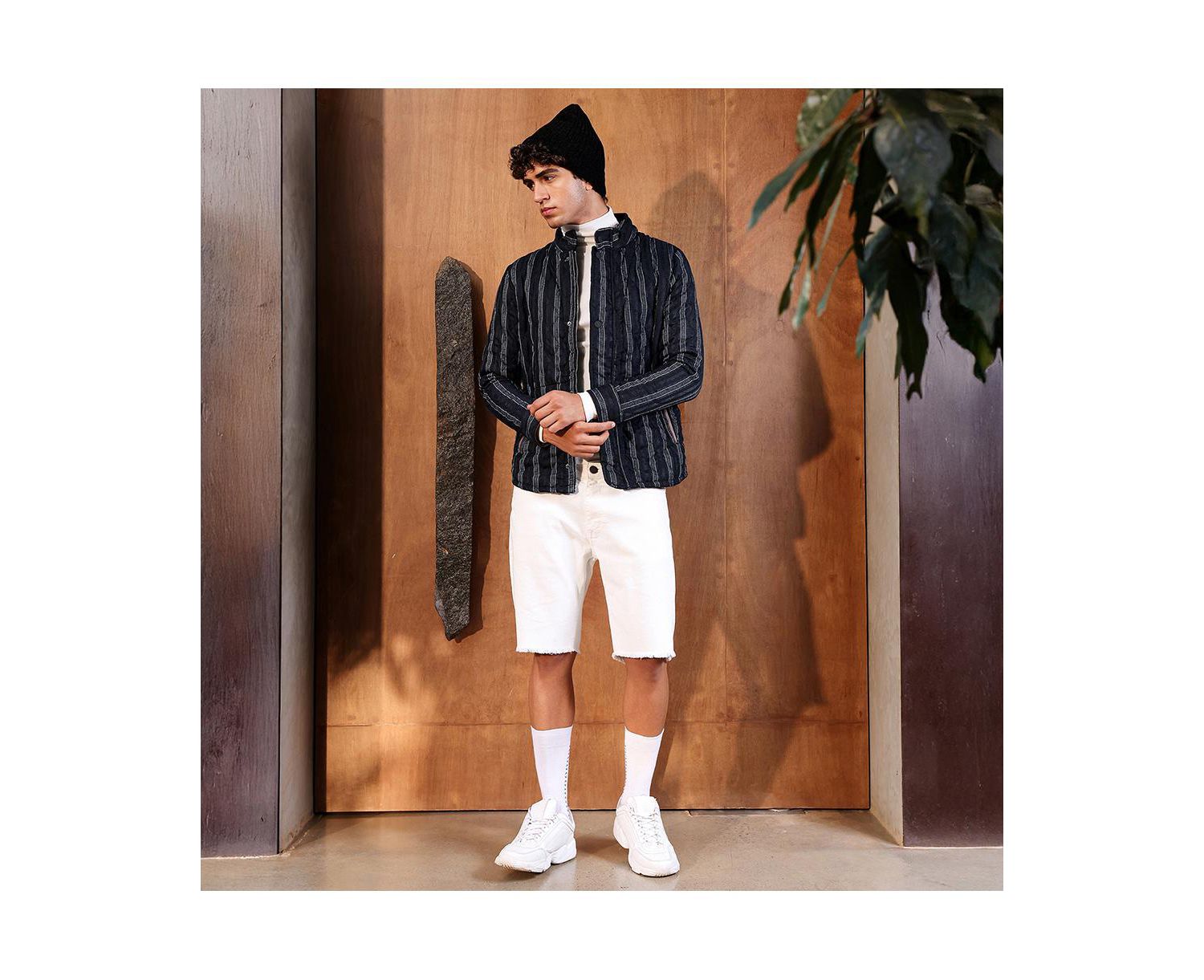Men's Navy Blue Woven-Striped Quilted Jacket