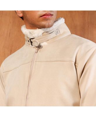 Men's Saltbox Beige Contrast Sherpa-Lined Suede Bomber Jacket