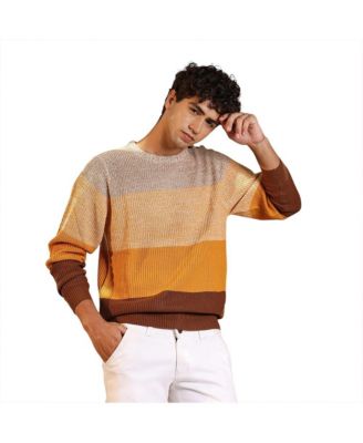 Men's Pumpkin Orange & Chocolate Brown Panel-Jacquard Knit Pullover Sweater