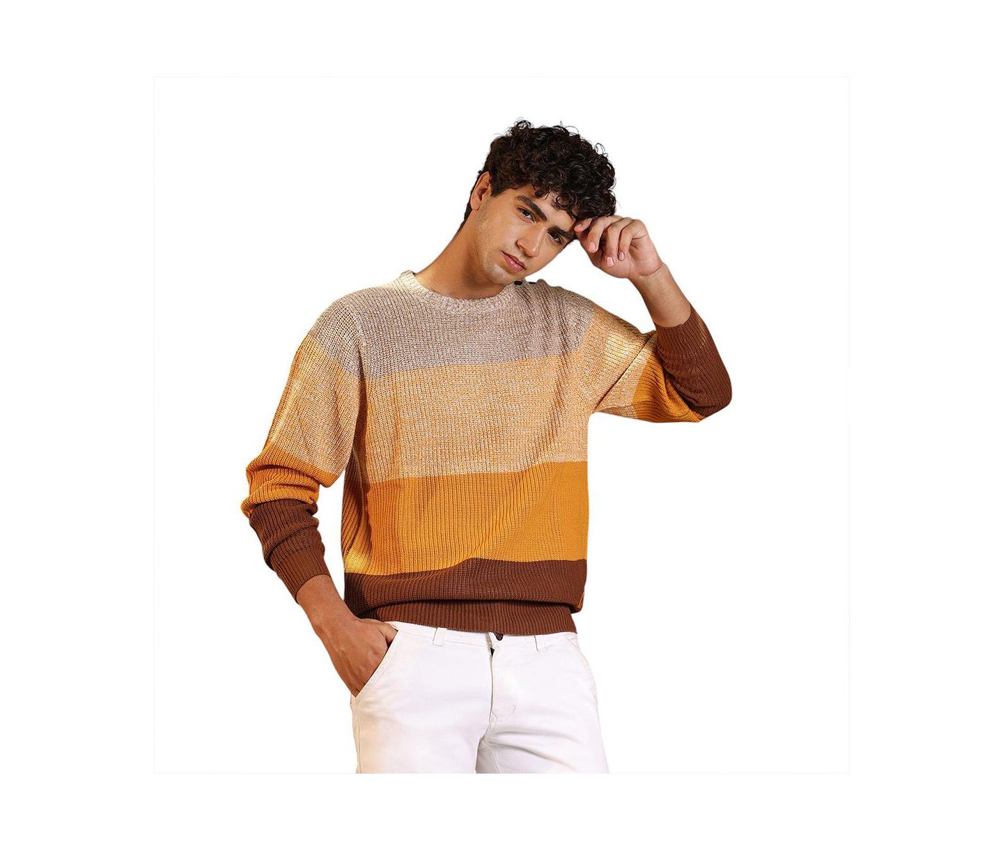 Мужской свитер Campus Sutra Pumpkin Orange & Chocolate Brown Panel-Jacquard Knit Pullover, цвет: Жёлтый — фото 1