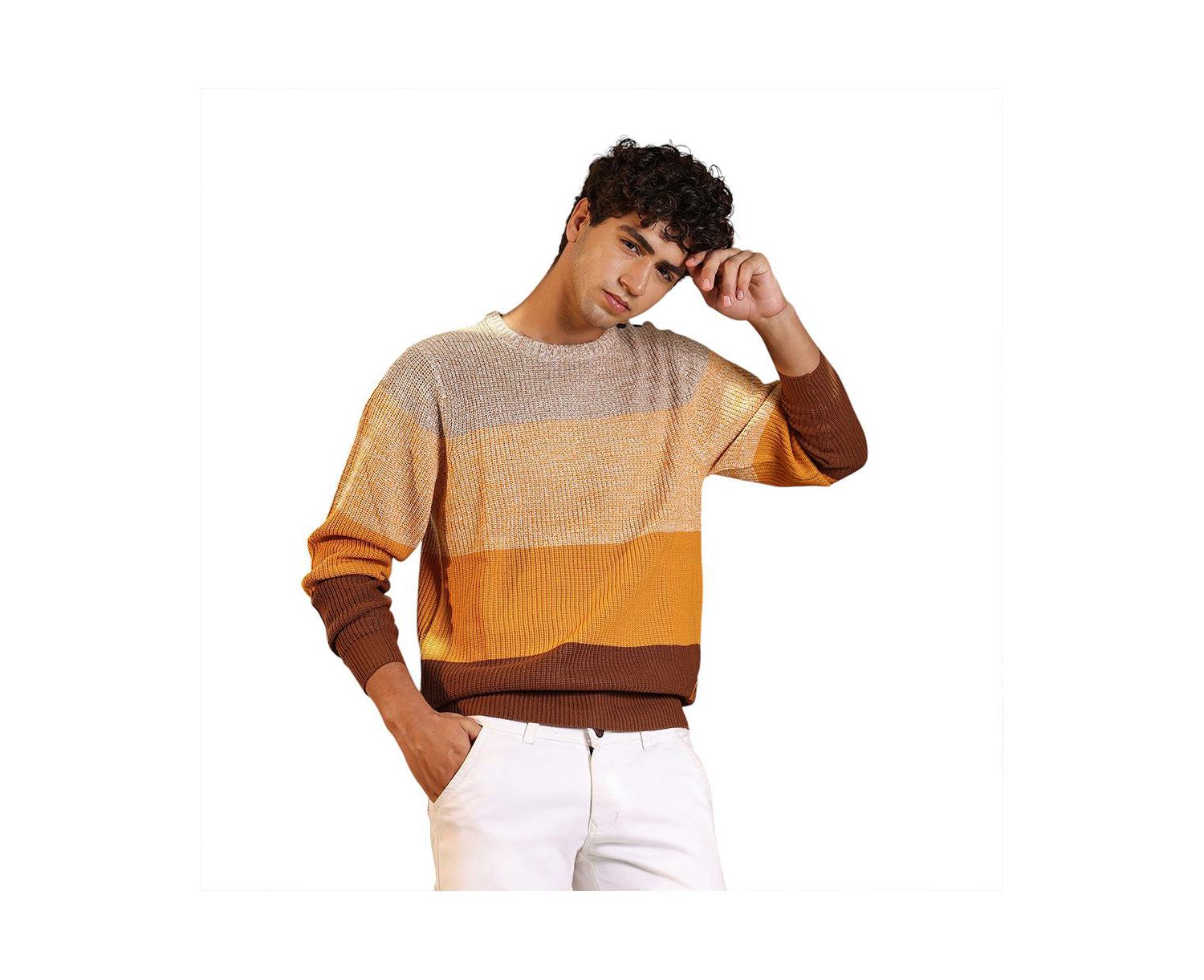 Men's Pumpkin Orange & Chocolate Brown Panel-Jacquard Knit Pullover Sweater
