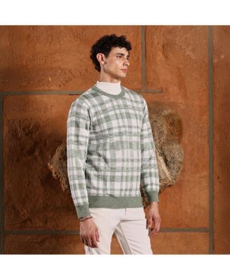 Men's Olive Green Plaid-Jacquard Knit Pullover Sweater