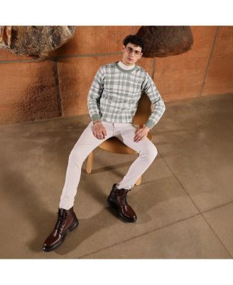 Men's Olive Green Plaid-Jacquard Knit Pullover Sweater