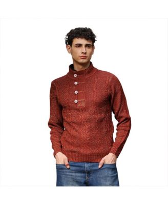 Men's Terracotta Brown Heathered-Jacquard Knit Fisherman Sweater