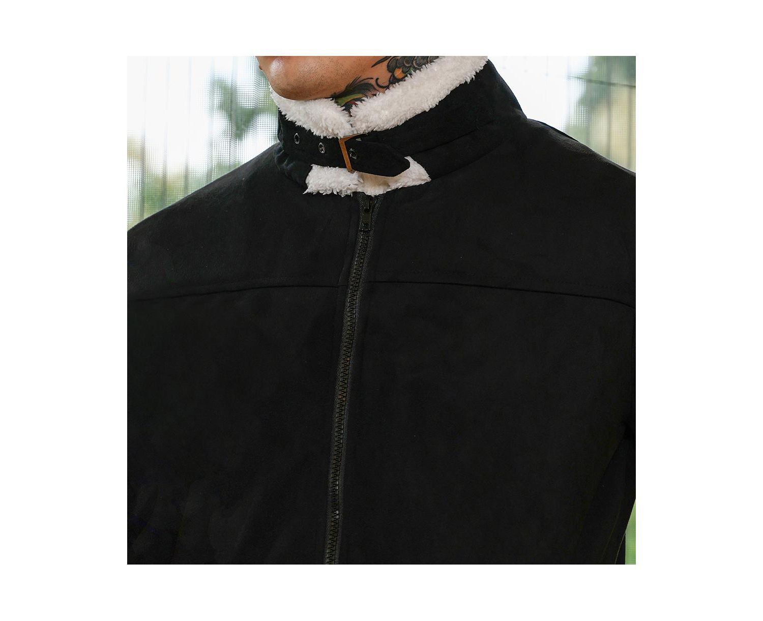 Men's Raven Black Contrast Sherpa-Lined Suede Bomber Jacket