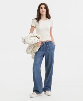 Juniors' Heart-Embroidered Drawstring Wide-Leg Jeans