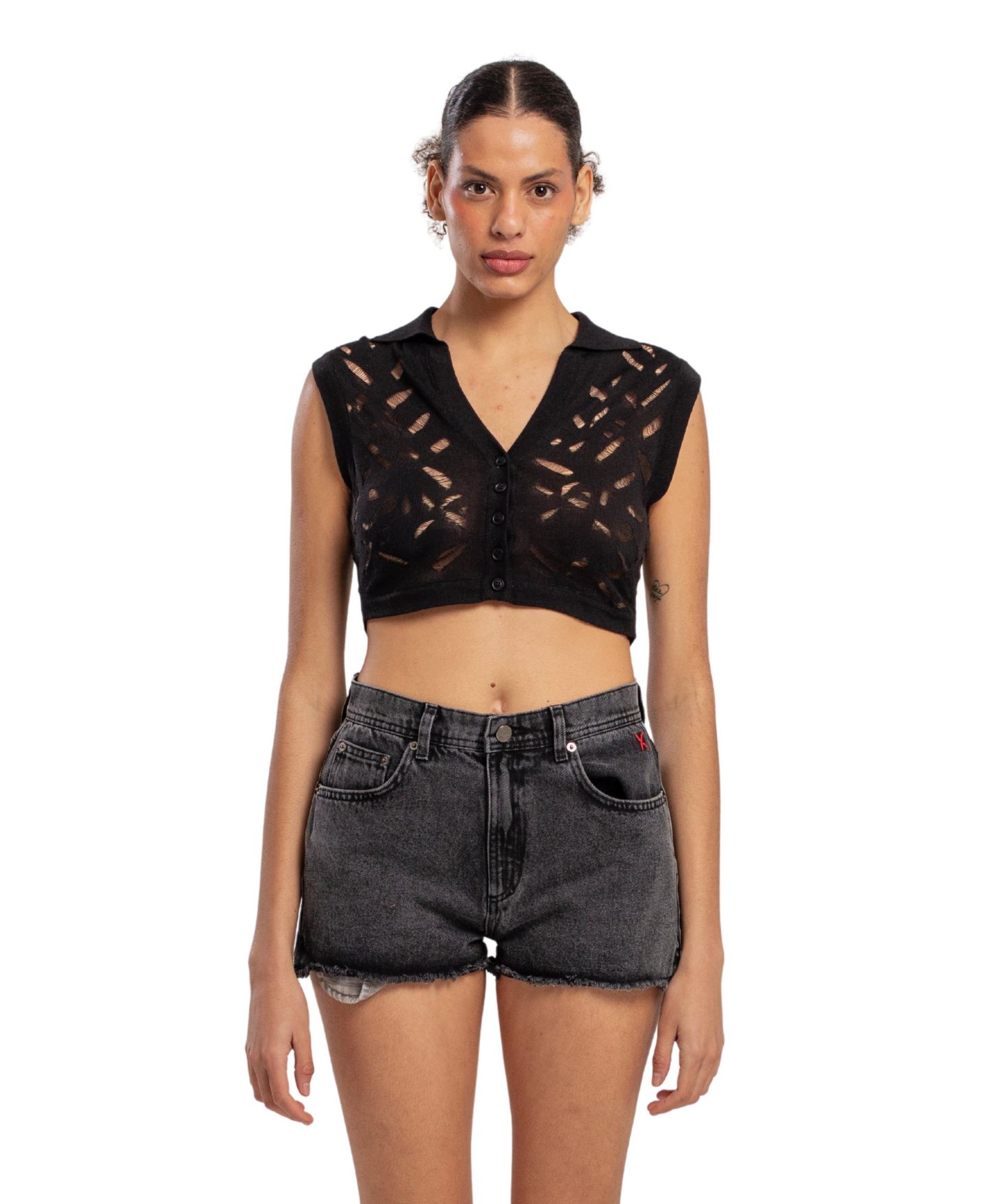 Женский топ PCFG Cropped Ripped Knit, цвет: Угольно-чёрный — фото 1