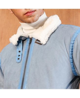 Men's Powder Blue Contrast Sherpa-Lined Suede Rider Jacket