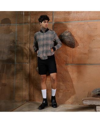 Men's Midnight Black & Chocolate Brown Tartan-Plaid Bomber Jacket