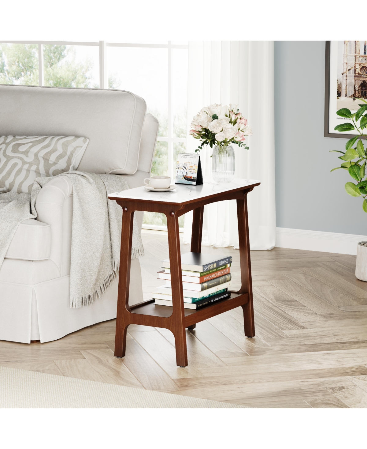 Casainc Retro Narrow Slate Side Table with Storage Shelf