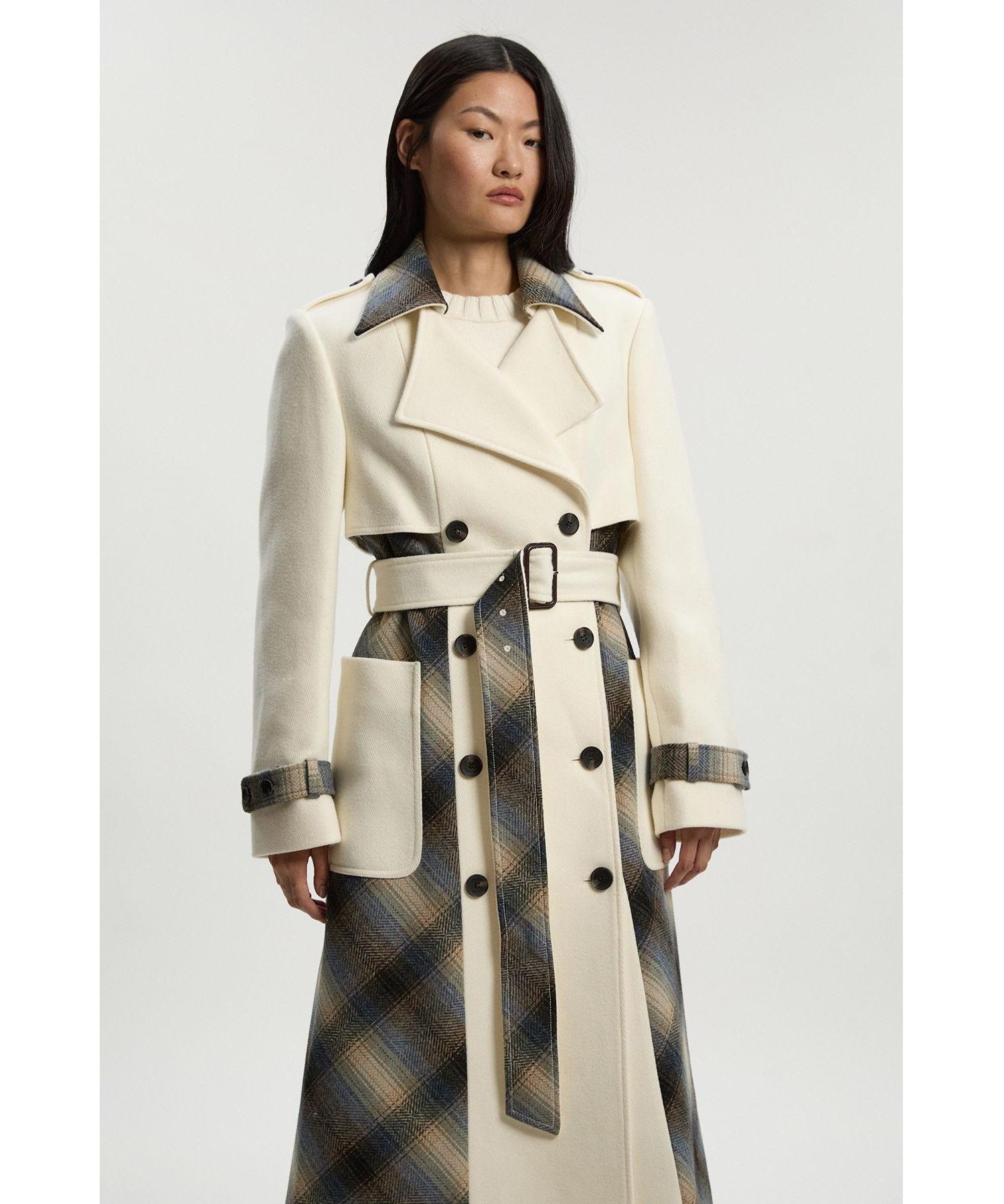 Women's Wool Check Trench Midi Coat