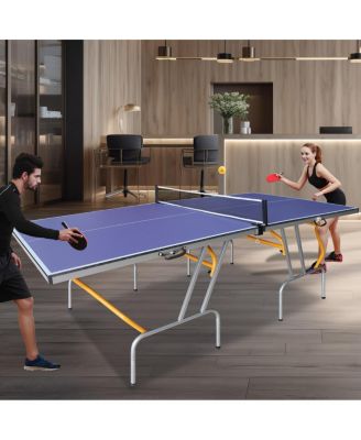 9FT Foldable Table Tennis Table Set with Net, Paddles and Balls, Mid-Size Blue MDF Ping Pong Table with Aluminum Frame for Indoor Apartment