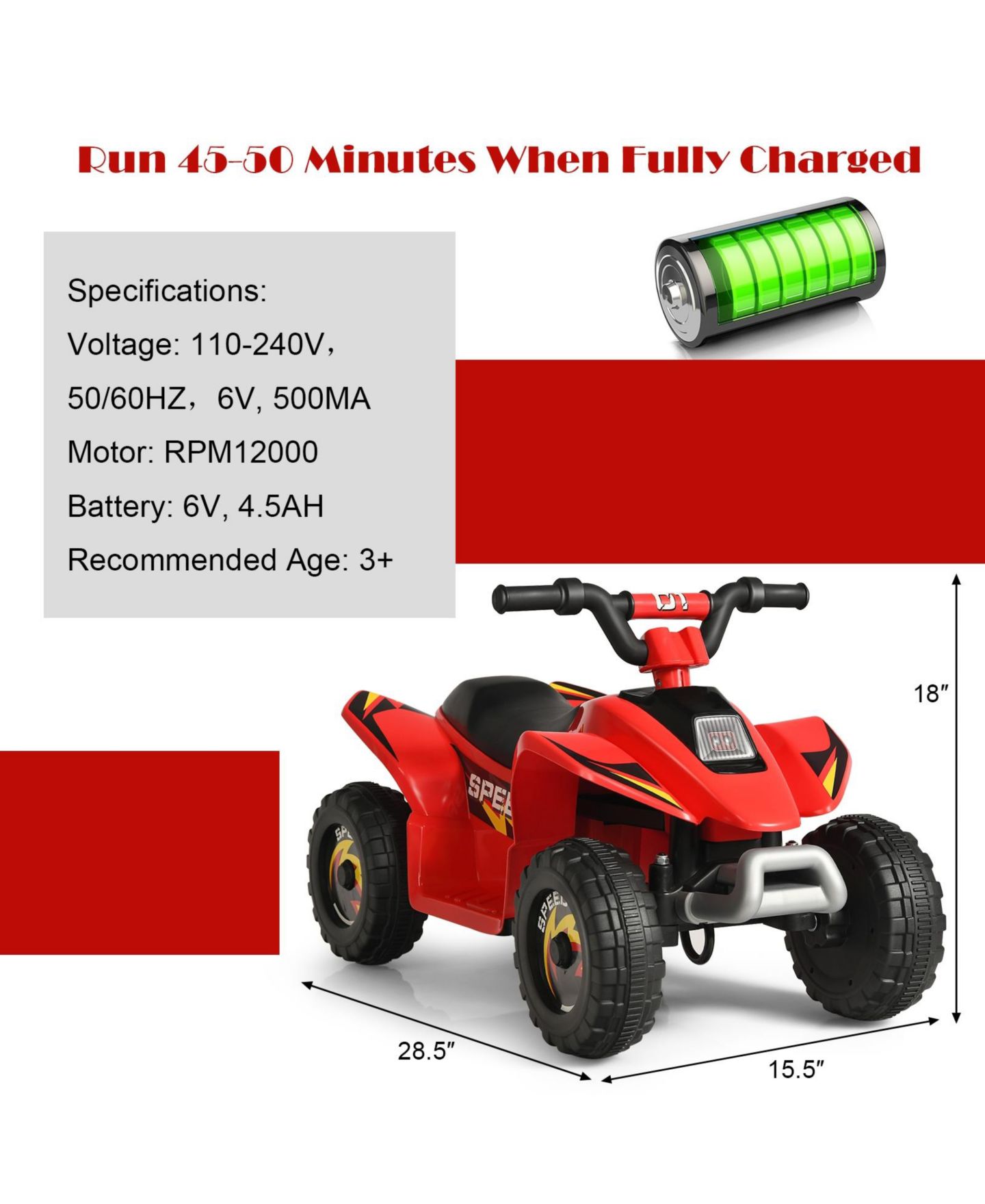 Детская игрушка SUGIFT 6V Kids Electric Ride On ATV with Four Wear-Resistant Wheels, 44 lb Capacity, Ages 18-36 Months, цвет: Красный — фото 4