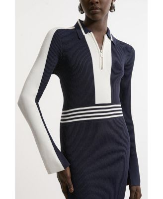 Women's Rib Knit Polo Zip Up Midi Dress