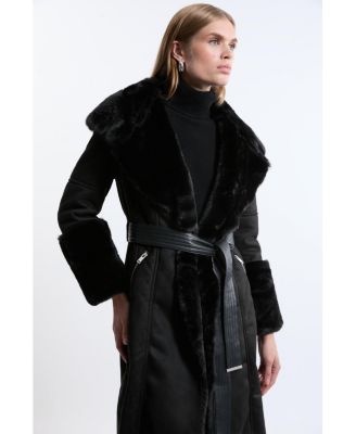 Women's Faux Shearling Belted Midi Coat