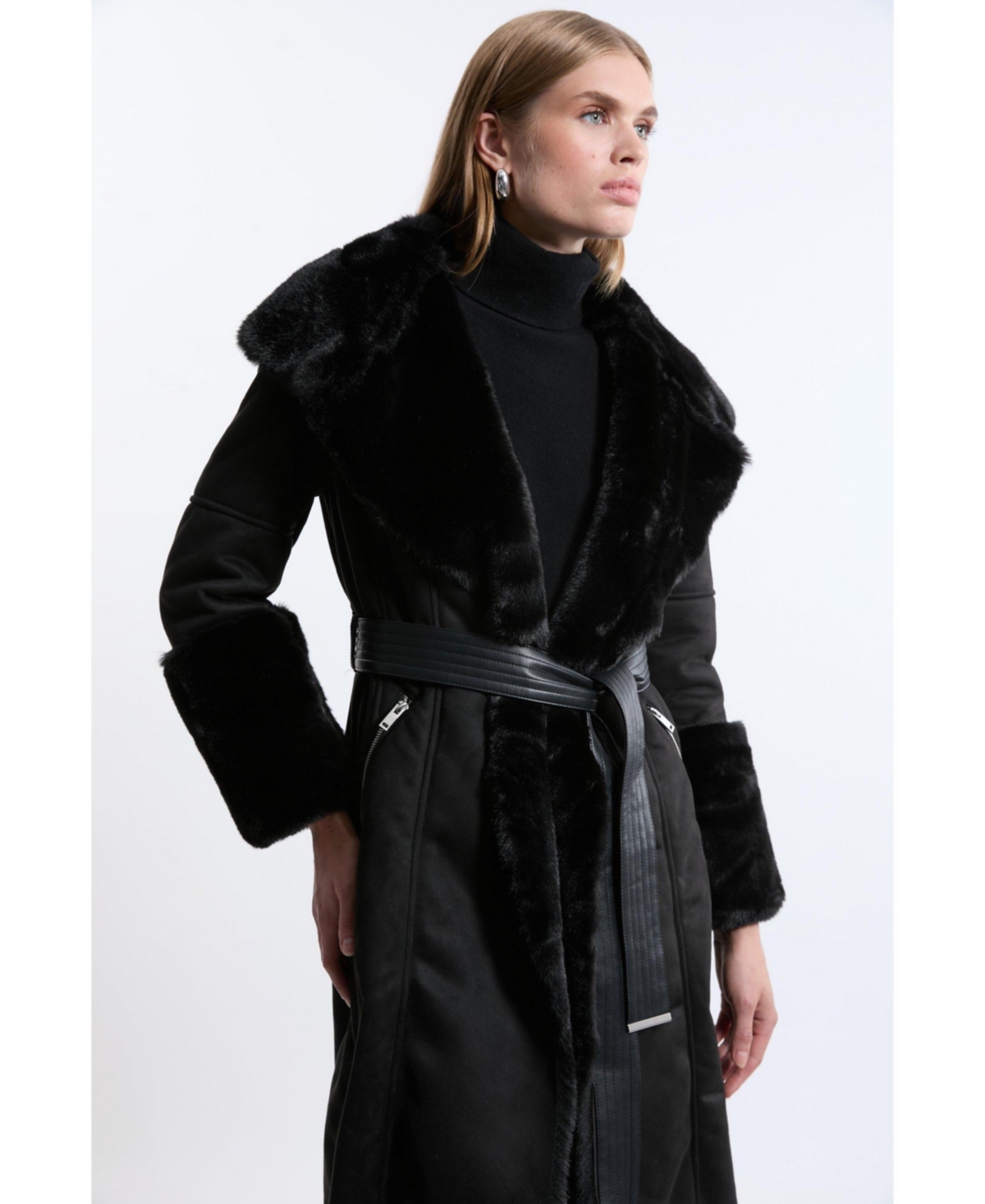 Karen Millen Women's Faux Shearling Belted Midi Coat