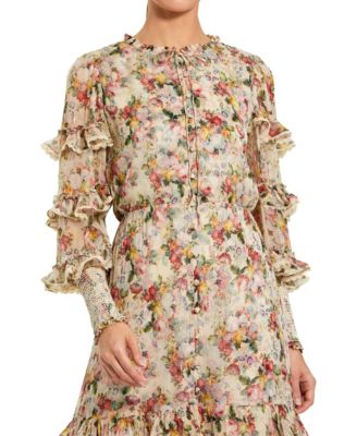 Women's Floral Tiered Ruffle Midi Dress with Long Sleeves