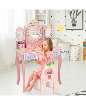 Kids Vanity Princess Makeup Dressing Table Chair Set with Tri-fold Mirror, White