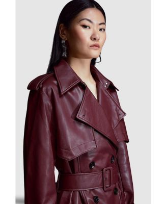 Women's Tailored Faux Leather Belted Trench Coat
