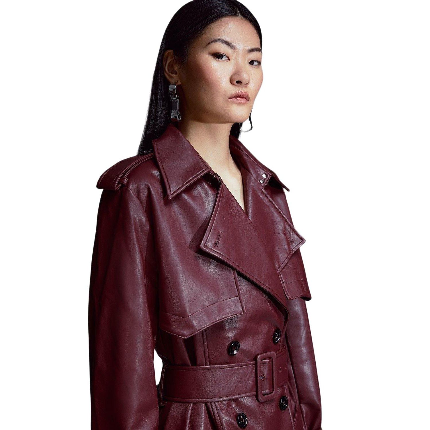 Women's Tailored Faux Leather Belted Trench Coat
