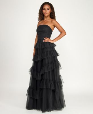 Juniors' Strapless Ruffle Skirt Gown