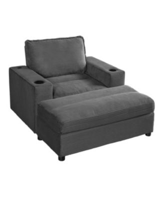 Oversized Corduroy Chaise Lounge with Storage Ottoman, Cup Holders & USB