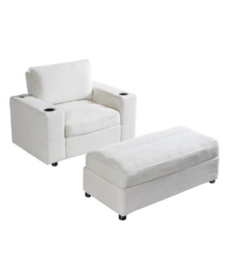 Oversized Corduroy Chaise Lounge with Storage Ottoman, Cup Holders & USB
