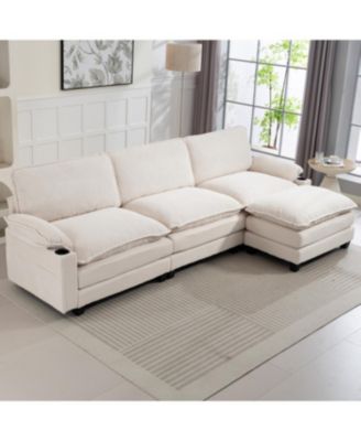 Modern 3+1 L-Shaped Corduroy Sofa with Ottoman, Cloud Couch for Living Room.