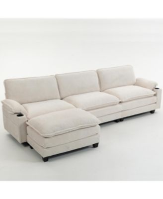 Modern 3+1 L-Shaped Corduroy Sofa with Ottoman, Cloud Couch for Living Room.