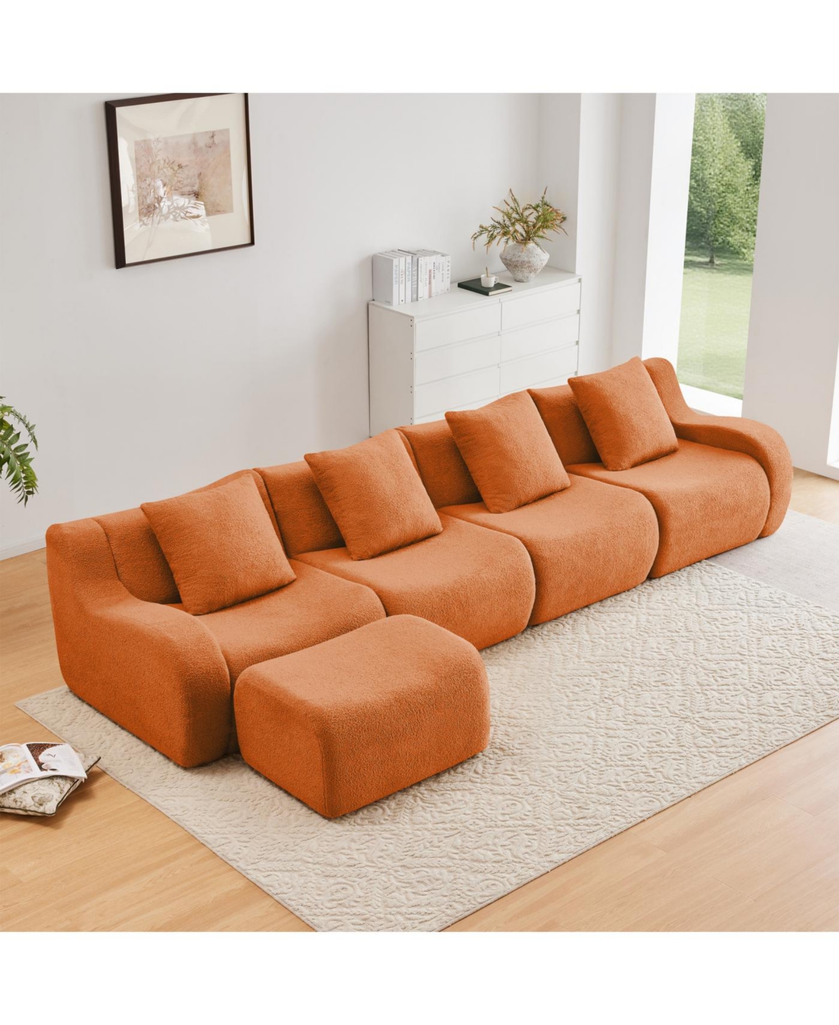 Streamdale Furniture L-Shaped 4-Seat Boneless Sofa, Teddy Fabric, No Assembly, Orange