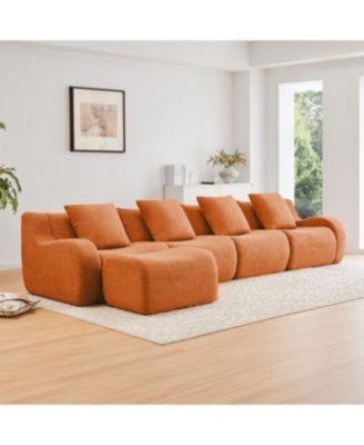 L-Shaped 4-Seat Boneless Sofa, Teddy Fabric, No Assembly, Orange