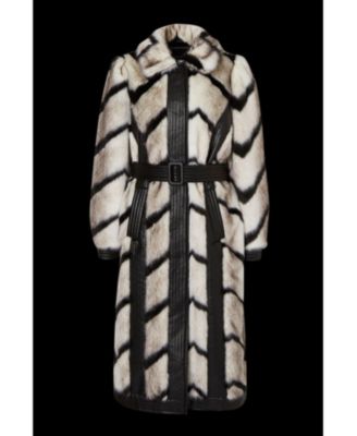 Women's Stripe Faux Fur Belted Long Coat
