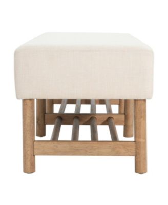Rectangular Upholstered Linen Fabric Ottoman Bench, Solid Wood Legs, Beige
