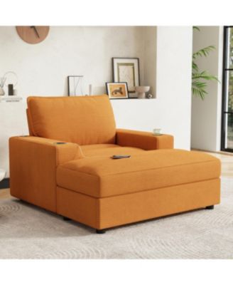 Oversized Corduroy Chaise Lounge with Storage Ottoman, Cup Holders & USB