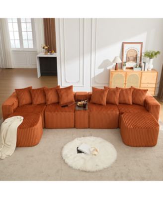 U Shaped Sofa, USB/Wireless Charge, Coffee Table, Movable, 6 Seats, Corduroy, Orange