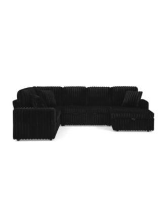 Streamdale Black U-shaped Corduroy Sofa with Pull-out Bed & Storage Chaise