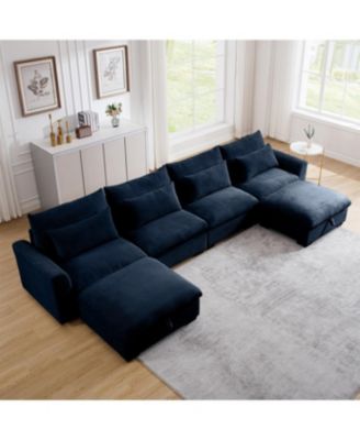 Blue Corduroy U-Shaped Sectional Sofa with Storage Ottomans & Pillows
