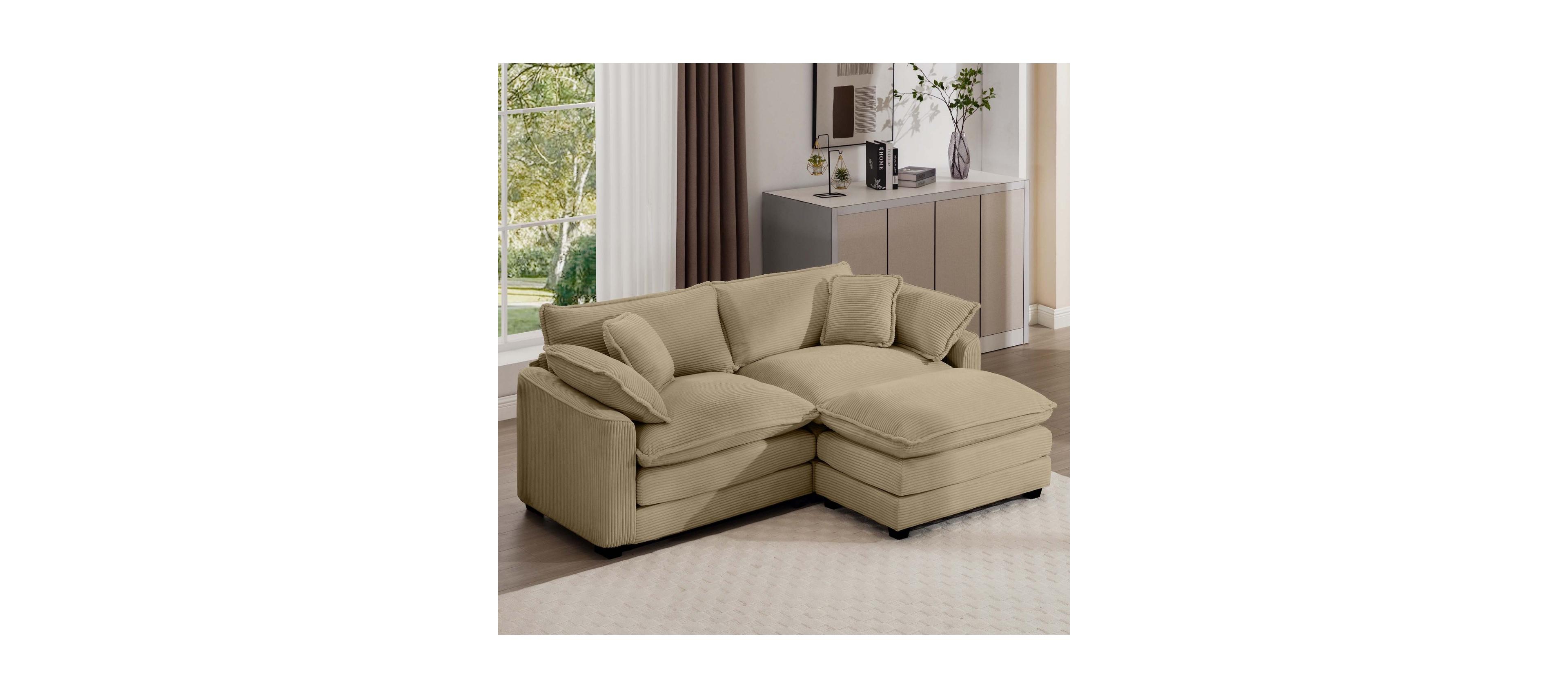 Streamdale Furniture Streamdale Corduroy L-Shaped 2-Seater Sofa with Ottoman, Tan
