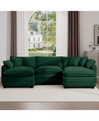 Oversized Modular Cushion Sofa with Ottoman, L-Shaped Corner Sofa Bed, Green Corduroy