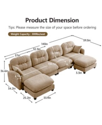 Modular Sectional U Shaped Couch with Ottoman, Soft Chenille Fabric, Camel
