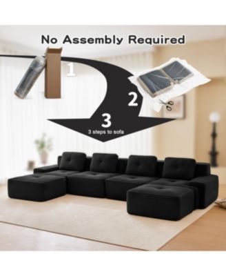 153" Modern U-Shaped Corduroy Sectional Sofa, 4-Seater Couch with Ottomans, Black