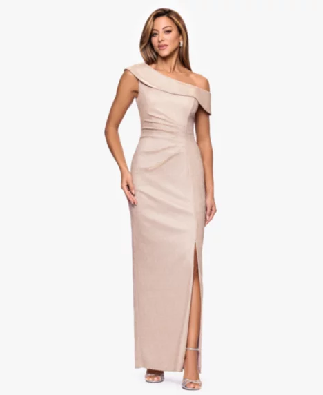 Petite One-Shoulder Long Slit Dress - Blush Silver