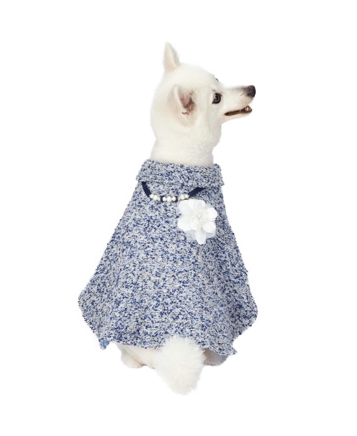 Blueberry Pet Marled Tweed Dog Poncho with Handmade Flower Accessory and Pearl Necklace Warm Tone 16"