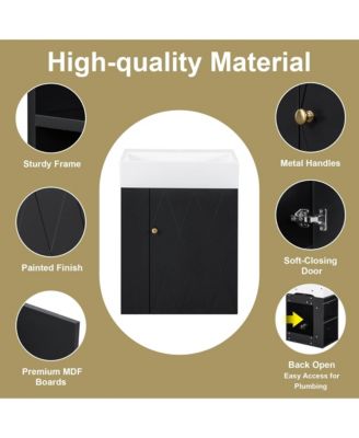 20 Inch Bathroom Vanity with Ceramic Sink, Diamond Pattern Door, Gold Handle, Side Storage Shelves, Modern Cabinet with Towel Bar