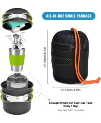 Camping Cookware Stove Carabiner Canister Stand Tripod and Stainless Steel Cup, Tank Bracket, Fork Spoon Kit