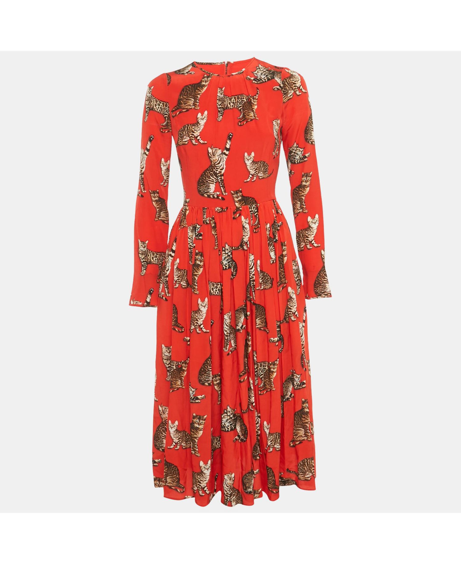 Women's Pre-Owned Dolce and Gabbana Red Cat Print Silk Midi Dress