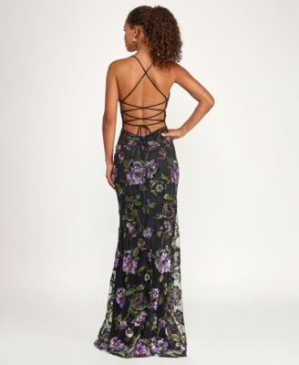 Juniors' Floral Embroidery Sequin Applique Front Slit Gown