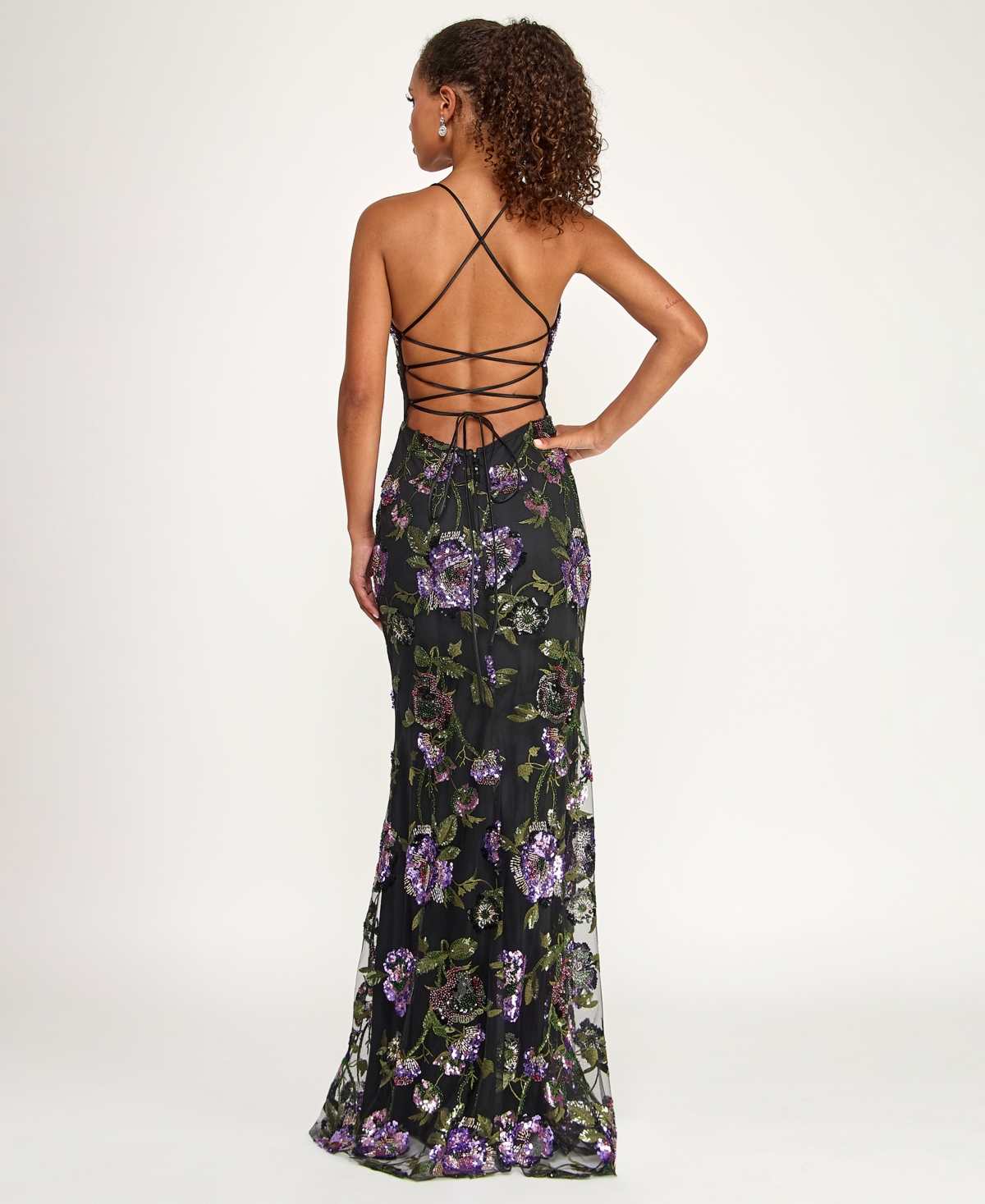 Say Yes Juniors' Floral Embroidery Sequin Applique Front Slit Gown