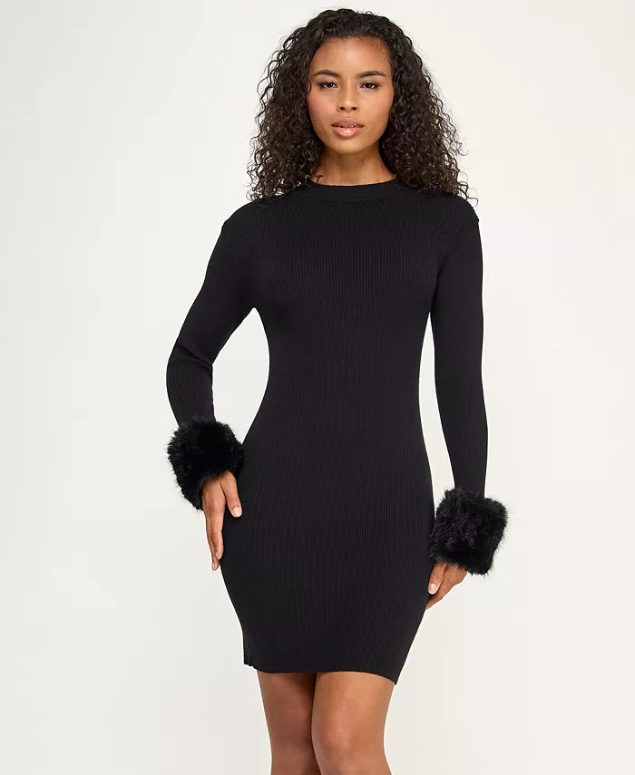 Juniors' Long Sleeve Mock Neck Slim Sweater Dress with Attached Fur Cuff